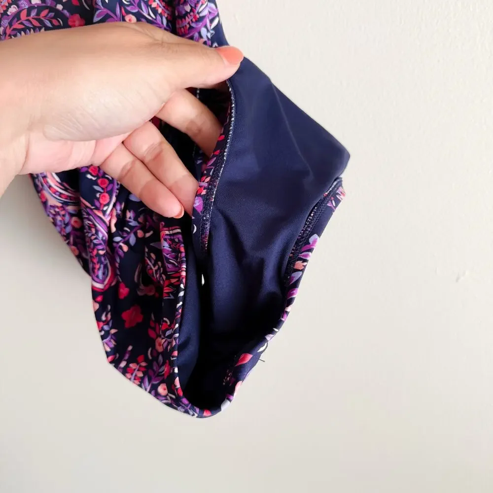 Lands' End Purple + Navy Blue Paisley Floral Print Ruched One Piece Swimsuit XS